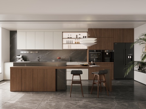  现代极简岛台餐厅 意式极简开放式厨房3d模型 