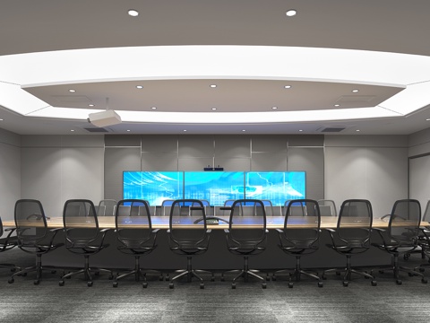  现代公司影音室 多功能会议室  会议桌椅 投影仪 装饰画3d模型 