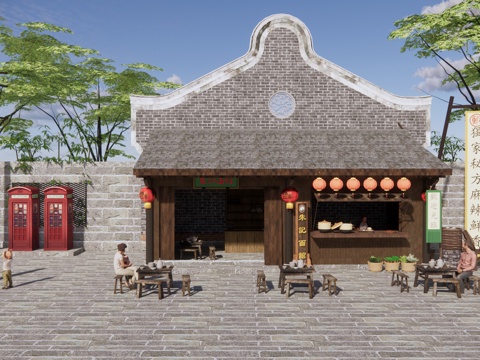  中式 店铺 古镇面馆店铺餐饮快餐店 建筑商铺 户外桌椅su模型 