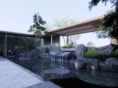 新中式示范区  庭院叠水景观su模型
