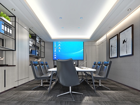  现代公司影音室 多功能会议室 会议室 会议桌椅 投影仪3d模型 