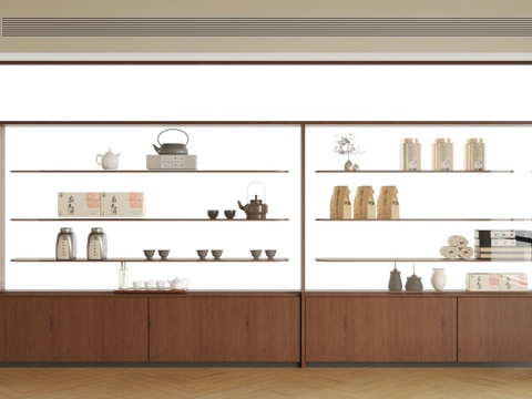 新中式茶柜 轻奢茶叶柜 茶具柜 茶壶茶具摆件组合 发光灯箱su模型