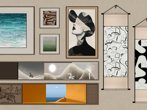 现代意式挂画 长条挂画 横向挂画 挂画组合su模型