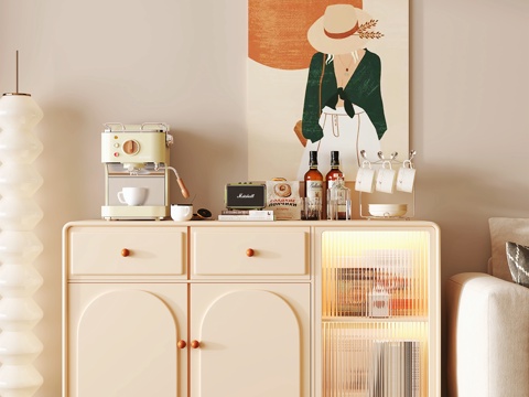 现代奶油餐边柜 餐边柜 边柜 咖啡机 酒水摆件 边柜摆件su模型