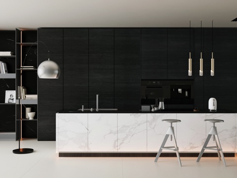 现代意式岛台餐厅 轻奢意式餐厅 开放式餐厅 岛台餐桌椅 餐椅su模型