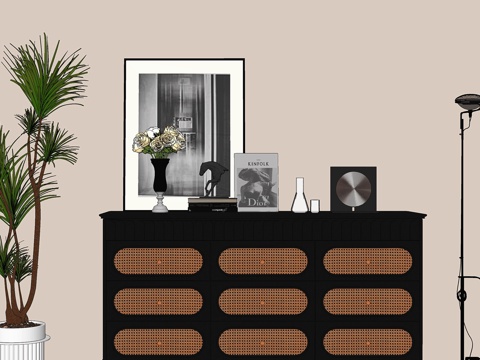 法式斗柜 法式玄关柜 斗柜边柜 边柜摆件 落地灯 盆栽绿植su模型