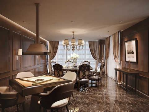  欧式古典包厢 圆形餐桌 麻将桌 酒店包房 商务包房 欧式吊灯3d模型 