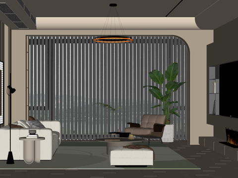 奶油风客厅 沙发茶几组合 绿植 饰品摆件 台灯  背景墙su模型