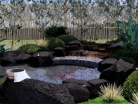 新中式 温泉 禅意温泉庭园 竹林温泉水景 私汤泡池 户外露天su模型