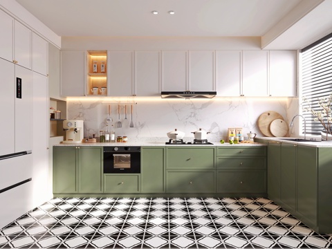 北欧封闭式厨房 橱柜 厨具摆件 厨房电器 厨房摆件su模型