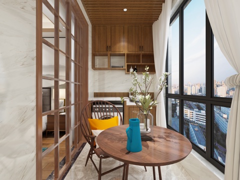  新中式洗衣休闲阳台3d模型 