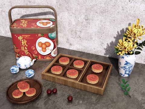 新中式 月饼 中秋节月饼礼盒 食盒 豆沙月饼 糕点 茶壶茶杯su模型