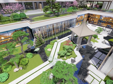 中央景观区下沉庭院广场水景su模型