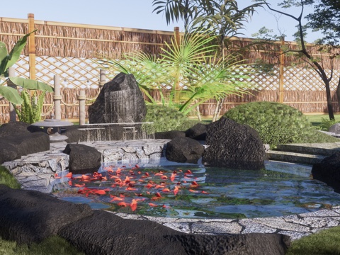 新中式 温泉 禅意温泉庭园花园 温泉水景 私汤泡池 户外露天su模型