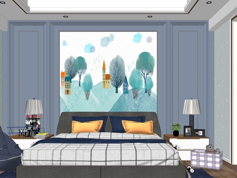 北欧男孩儿童房su模型