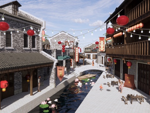 中式 商业街 古镇商业街江南水乡古镇步行街传统灯笼氛围旅游古su模型
