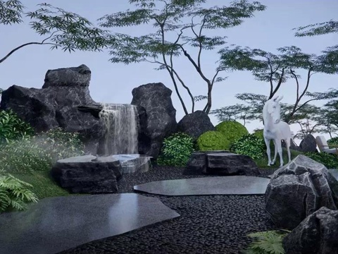 现代假山叠水水景 禅意水景 枯水 中式 水景su模型