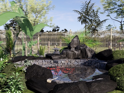 新中式 庭院 禅意温泉庭园花园 花瓣温泉水景 私汤泡池 户外su模型