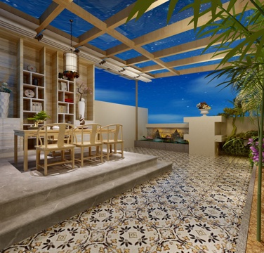  新中式顶楼阳光房茶室花园3d模型 