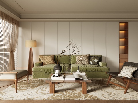 中古侘寂客厅 沙发茶几组合su模型