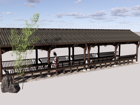 中式 廊架 景观廊架廊桥美人靠廊架传统灯笼节日装饰彩灯su模型