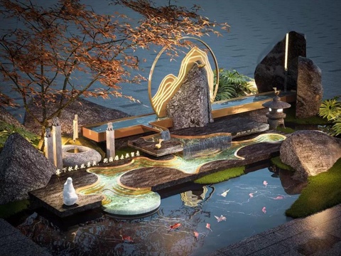 新中式跌水景观 禅意水景 水景 枯水 中式 假水景su模型