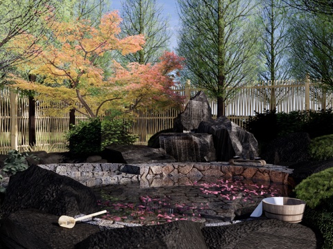 新中式 温泉 禅意温泉庭园 花瓣温泉水景 私汤泡池 户外露天su模型