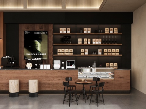  原木风咖啡厅 咖啡桌椅 奶茶店 咖啡店操作台 收银前台 咖啡3d模型 