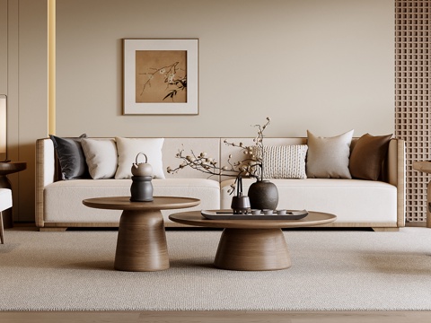 新中式沙发茶几组合su模型