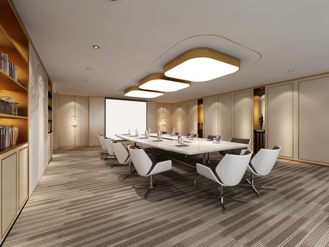  现代会议室 吸顶灯 会议桌椅 书柜 投影仪3d模型 