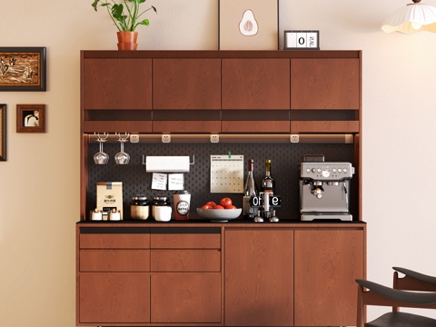 现代中古餐边柜 茶水柜 备餐柜 餐具摆件 咖啡机 装饰画su模型