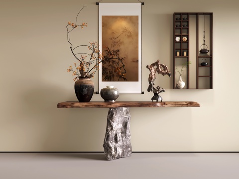 新中式端景台 置物架 茶具多宝阁 花瓶 挂画 饰品摆件su模型