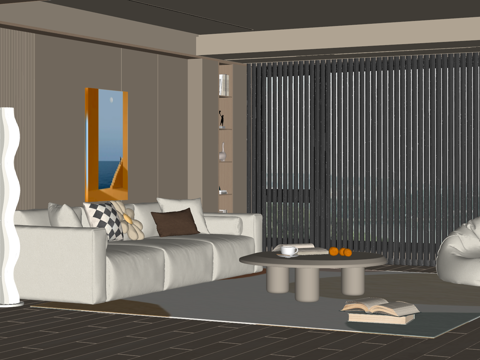 奶油风客厅 沙发茶几组合 绿植 饰品摆件 台灯  背景墙su模型