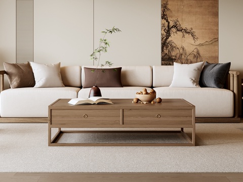 新中式沙发茶几组合su模型