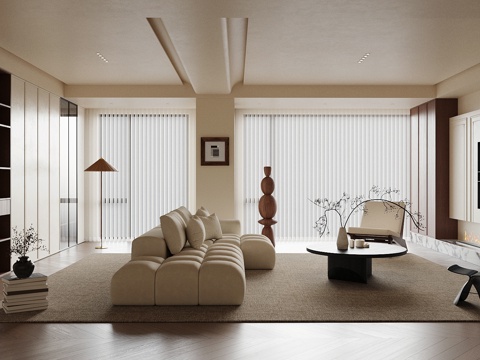 中古风沙发组合 沙发茶几组合 休闲椅 复古风客厅 大平层客厅su模型