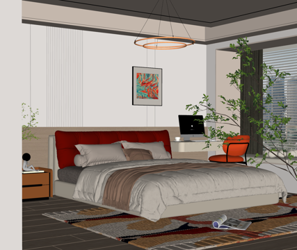 奶油风卧室 双人床组合 床头柜 吊灯 绿植饰品摆件 背景墙su模型