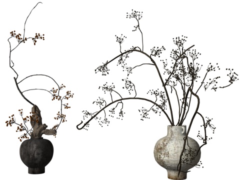 中古风植物陶罐陈设饰品su模型