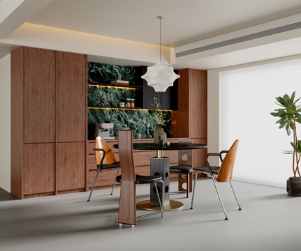 现代中古风餐厅 圆餐桌椅 吊灯 餐边柜 盆栽su模型