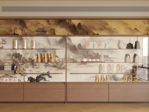  新中式禅意茶柜 宋式茶室柜 茶室背景墙 整排茶叶柜 山水画3d模型 