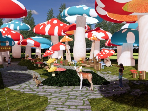 现代 公园 森林儿童游乐公园景观 爱丽丝梦游仙境主题公园su模型