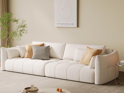 现代奶油风多人沙发 直排沙发 布艺沙发su模型