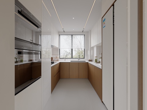 现代原木风U型厨房su模型