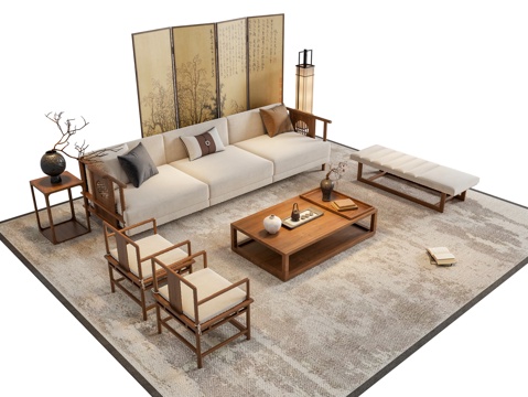 客厅沙发茶几组合 宋代美学家具 宋氏屏风 新中式圈椅 落地灯su模型
