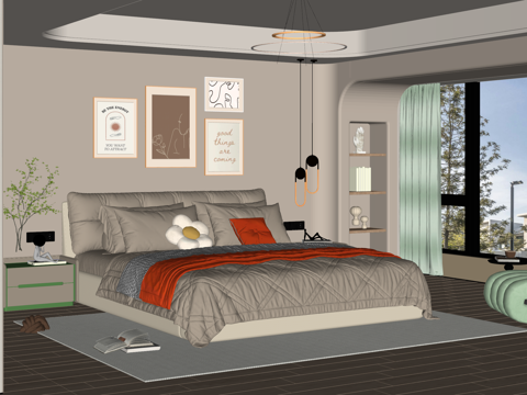 奶油风卧室 双人床组合 床头柜 吊灯 绿植饰品摆件 背景墙su模型