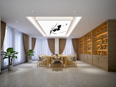  新中式会议室 会议桌椅 接待室 会客室 VIP洽谈室3d模型 