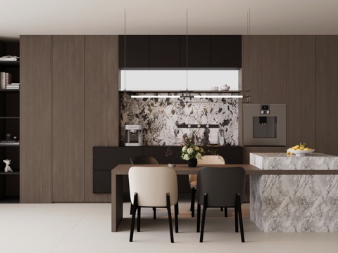  现代意式岛台餐厅 轻奢意式餐厅 开放式餐厅 岛台餐桌椅 餐椅3d模型 