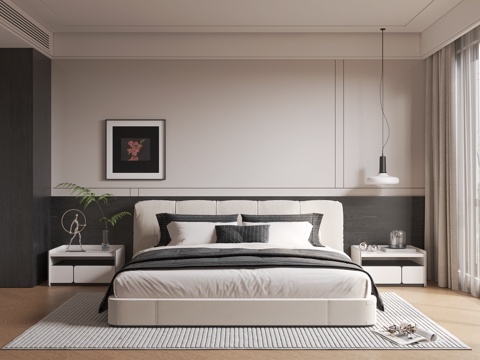 现代卧室 主卧 布艺双人床 床头柜 吊灯 装饰画 无主灯卧室su模型