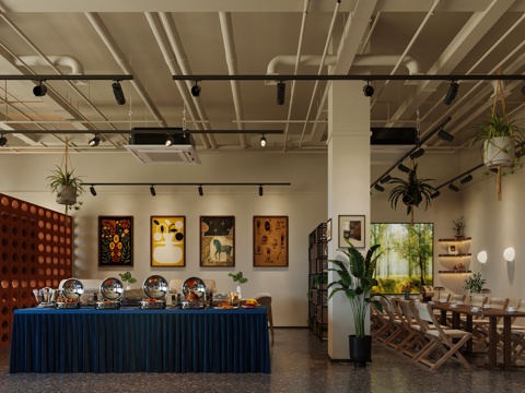  中古风咖啡店 原木风咖啡厅 现代咖啡厅  自助餐桌 前台3d模型 