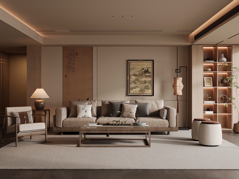 新中式禅意家居客厅 中式客厅 宋式美学客厅 无主灯客厅su模型