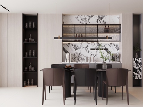  现代意式家居餐厅 轻奢意式餐厅 长桌餐厅 餐椅 黑白灰餐厅3d模型 